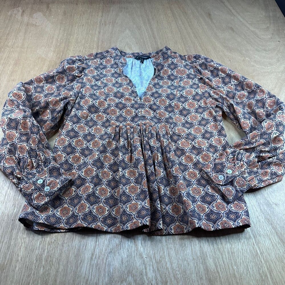 Banana‎ Republic Boho Peasant Blouse Medium Cotton Corduroy Feel Brown Print